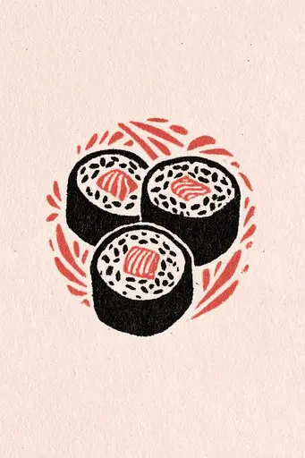Midjourney generated image using SREF code Mythosurge: A drawing of three sushi rolls on a plate.