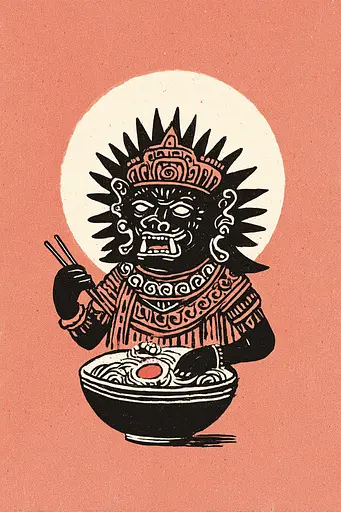 Midjourney generated image using SREF code Mythosurge: A black and red illustration of a demon eating a bowl of food.