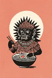 Midjourney generated image using SREF code Mythosurge: A black and red illustration of a demon eating a bowl of food.