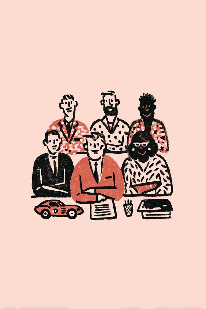 Midjourney generated image using SREF code Mythosurge: A group of people sitting around a table with a car.