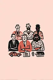 Midjourney generated image using SREF code Mythosurge: A group of people sitting around a table with a car.