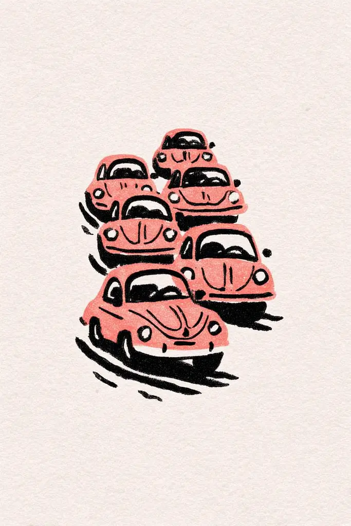 Midjourney generated image using SREF code Mythosurge: A group of red cars driving down a road.