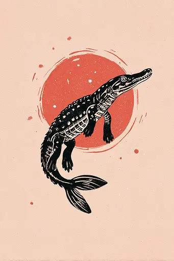 Midjourney generated image using SREF code Mythosurge: A drawing of a fish with a red sun in the background.