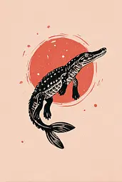 Midjourney generated image using SREF code Mythosurge: A drawing of a fish with a red sun in the background.