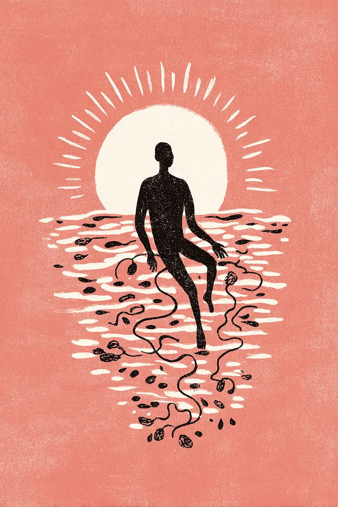 Midjourney generated image using SREF code Mythosurge: A silhouette of a man floating in the ocean with a sun in the background.