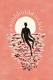 Midjourney generated image using SREF code Mythosurge: A silhouette of a man floating in the ocean with a sun in the background.
