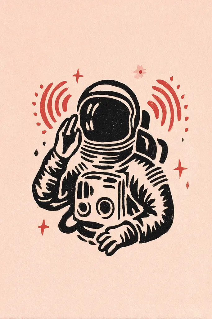 Midjourney generated image using SREF code Mythosurge: A drawing of an astronaut holding a radio.