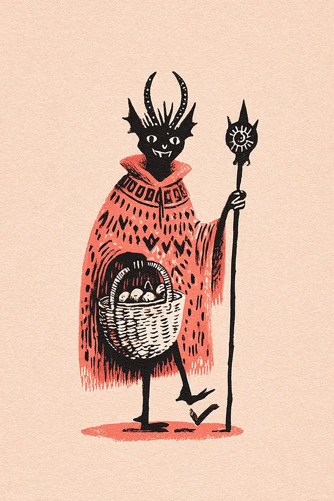 Midjourney generated image using SREF code Mythosurge: A black and red illustration of a devil holding a basket of eggs.