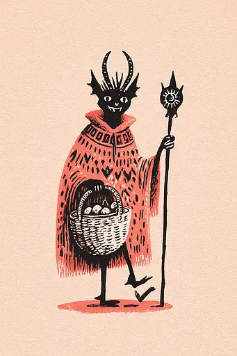 Midjourney generated image using SREF code Mythosurge: A black and red illustration of a devil holding a basket of eggs.