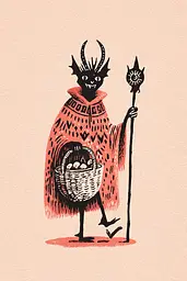 Midjourney generated image using SREF code Mythosurge: A black and red illustration of a devil holding a basket of eggs.