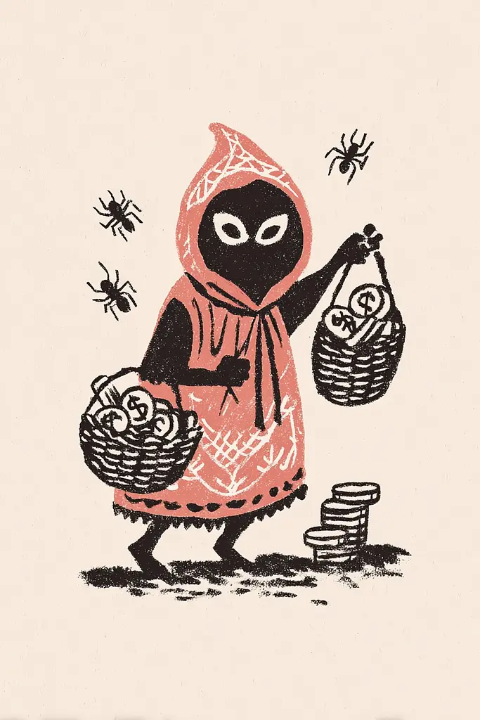 Midjourney generated image using SREF code Mythosurge: A black and white illustration of a little red riding hood carrying a basket of money.