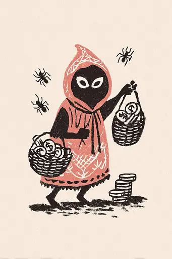 Midjourney generated image using SREF code Mythosurge: A black and white illustration of a little red riding hood carrying a basket of money.
