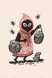 Midjourney generated image using SREF code Mythosurge: A black and white illustration of a little red riding hood carrying a basket of money.