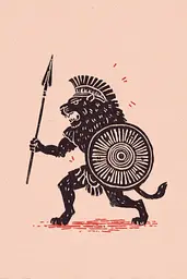 Midjourney generated image using SREF code Mythosurge: A drawing of a lion holding a spear and shield.