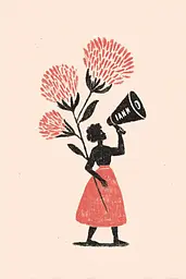 Midjourney generated image using SREF code Mythosurge: A woman holding a megaphone and a bunch of flowers.