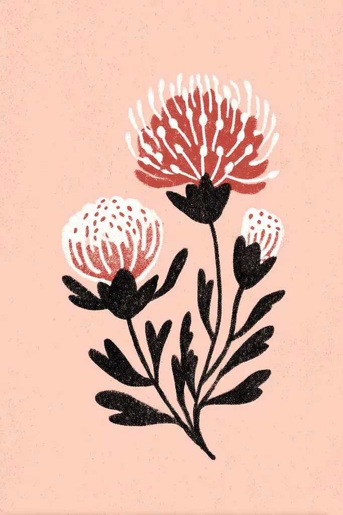 Midjourney generated image using SREF code Mythosurge: A drawing of three red and white flowers on a pink background.