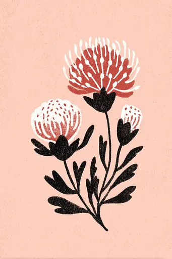 Midjourney generated image using SREF code Mythosurge: A drawing of three red and white flowers on a pink background.