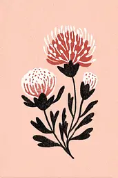 Midjourney generated image using SREF code Mythosurge: A drawing of three red and white flowers on a pink background.