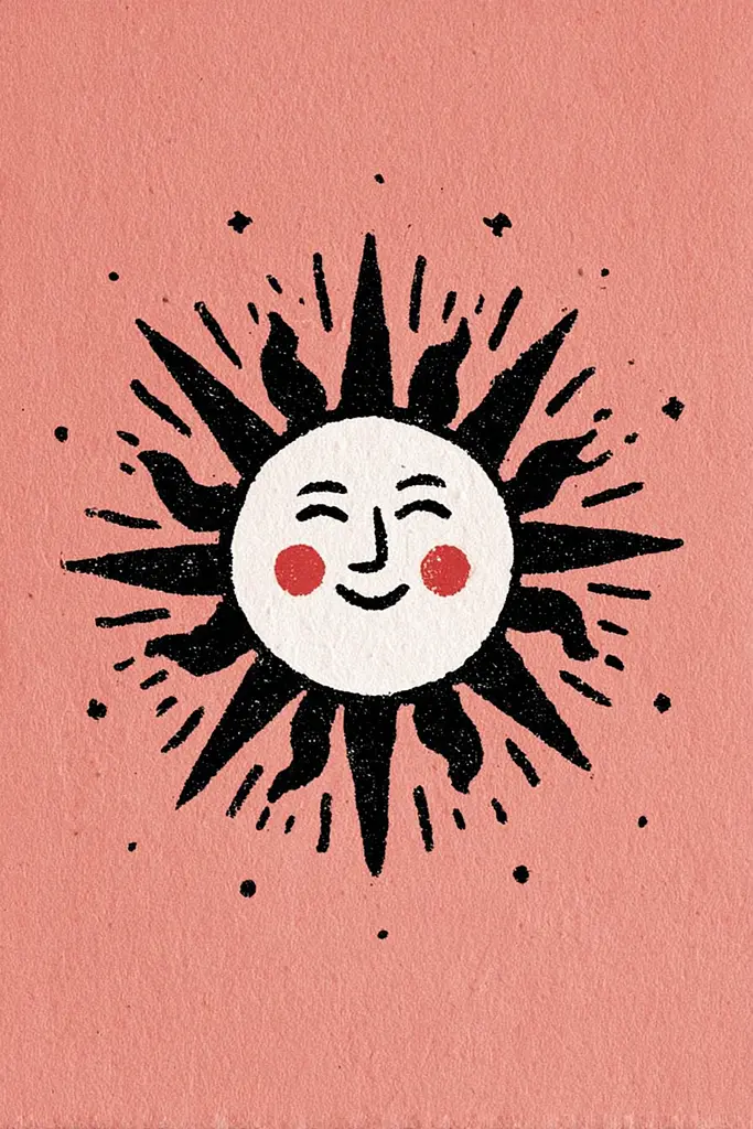 Midjourney generated image using SREF code Mythosurge: A drawing of a smiling sun on a pink background.