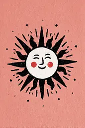 Midjourney generated image using SREF code Mythosurge: A drawing of a smiling sun on a pink background.