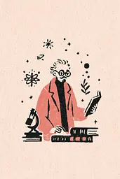 Midjourney generated image using SREF code Mythosurge: A man in a lab coat sitting at a desk with a book and a microscope.