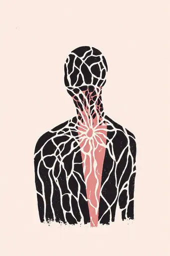 Midjourney generated image using SREF code Mythosurge: A black and white illustration of a man's torso with a red heart.