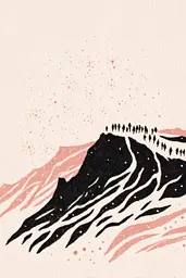 Midjourney generated image using SREF code Mythosurge: A group of people walking up a mountain.