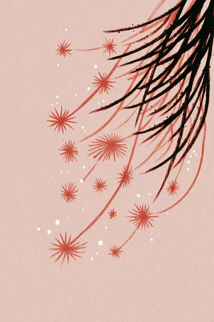 Midjourney generated image using SREF code Mythosurge: A drawing of a pine tree with red flowers on it.