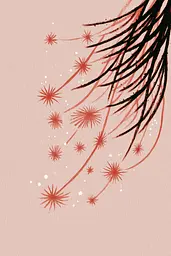Midjourney generated image using SREF code Mythosurge: A drawing of a pine tree with red flowers on it.