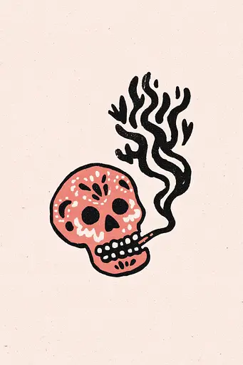 Midjourney generated image using SREF code Mythosurge: A drawing of a skull with a cigarette in its mouth.