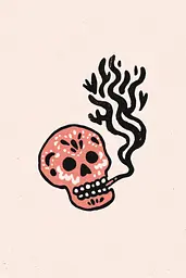 Midjourney generated image using SREF code Mythosurge: A drawing of a skull with a cigarette in its mouth.