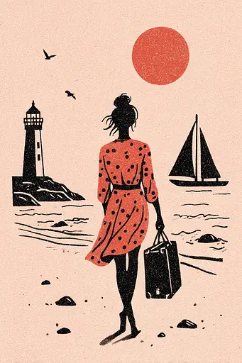 Midjourney generated image using SREF code Mythosurge: A woman walking on the beach with a suitcase.