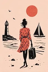 Midjourney generated image using SREF code Mythosurge: A woman walking on the beach with a suitcase.