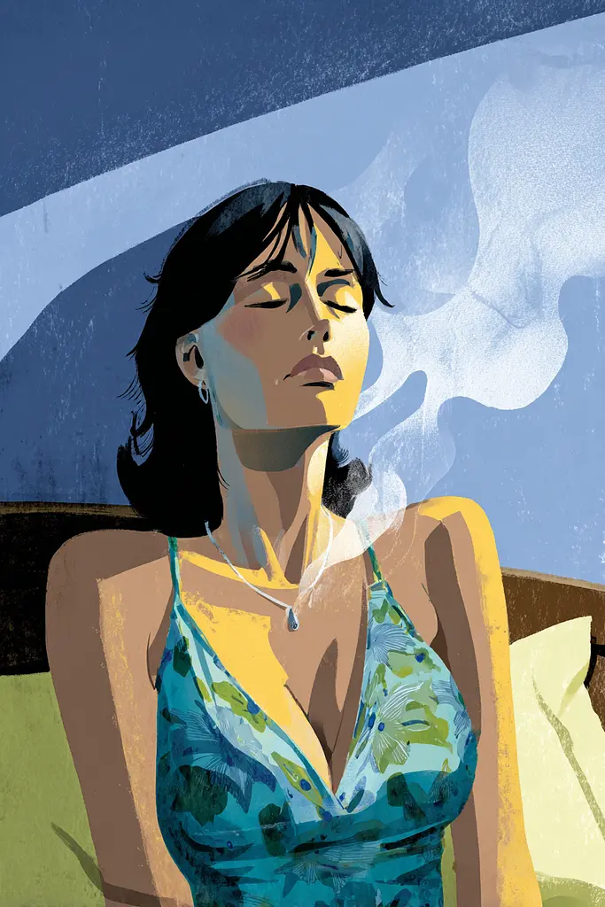 Midjourney generated image using SREF code Quirksprawl: A woman in a blue dress smoking a cigarette.