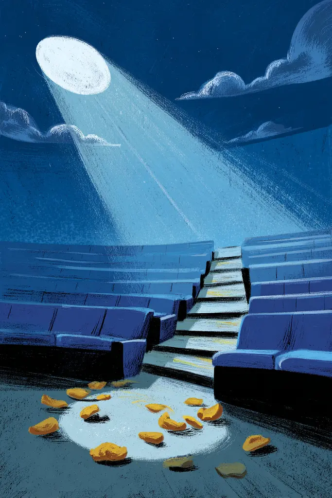 Midjourney generated image using SREF code Quirksprawl: An illustration of a movie theater with a full moon in the sky.