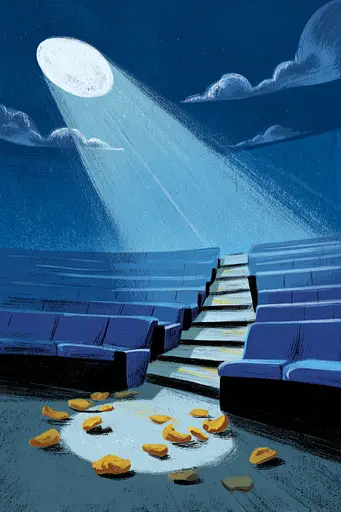 Midjourney generated image using SREF code Quirksprawl: An illustration of a movie theater with a full moon in the sky.
