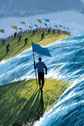 Midjourney generated image using SREF code Quirksprawl: A man holding a blue flag in front of a group of people.