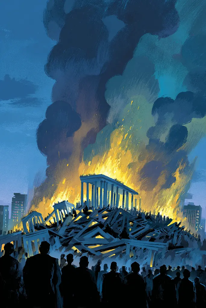 Midjourney generated image using SREF code Quirksprawl: A group of people standing in front of a burning building.