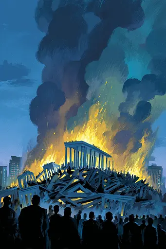 Midjourney generated image using SREF code Quirksprawl: A group of people standing in front of a burning building.