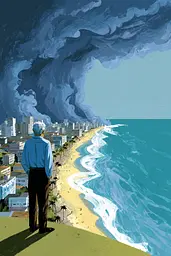 Midjourney generated image using SREF code Quirksprawl: A man standing on top of a hill overlooking a beach.