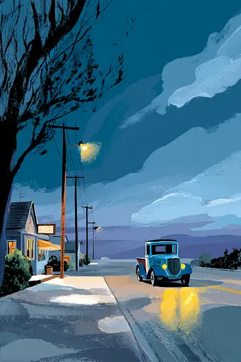 Midjourney generated image using SREF code Quirksprawl: A painting of an old blue truck driving down a street.