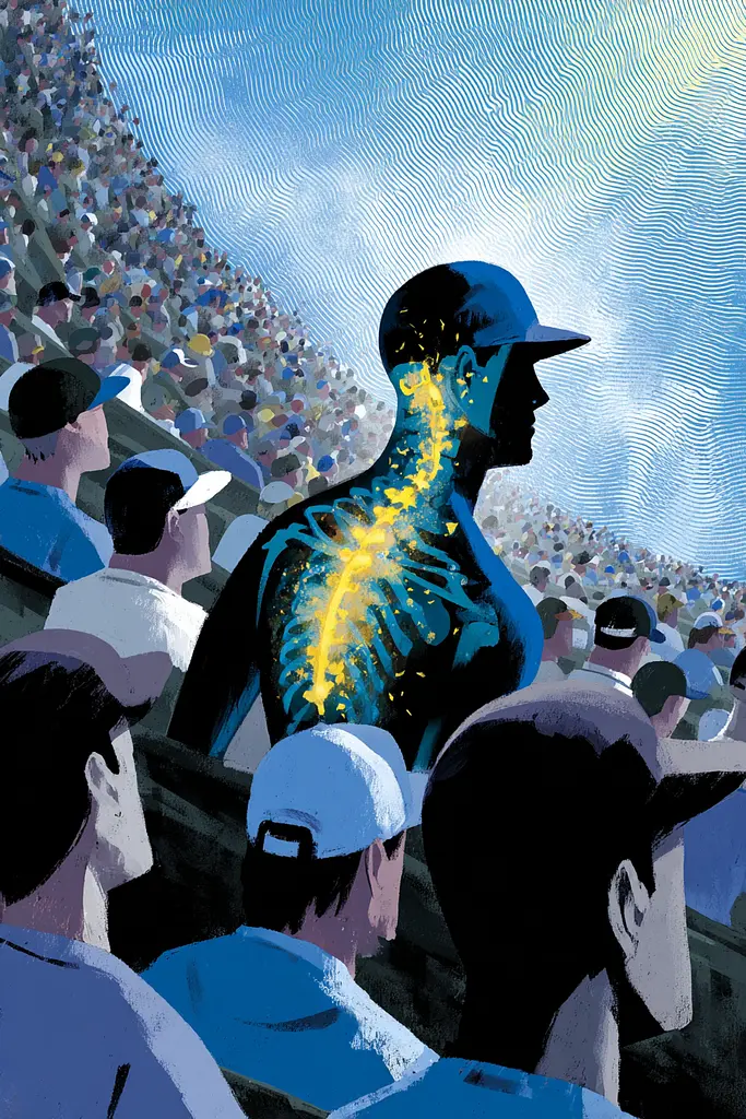 Midjourney generated image using SREF code Quirksprawl: A baseball player with a spine in the middle of a crowd.