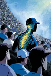 Midjourney generated image using SREF code Quirksprawl: A baseball player with a spine in the middle of a crowd.
