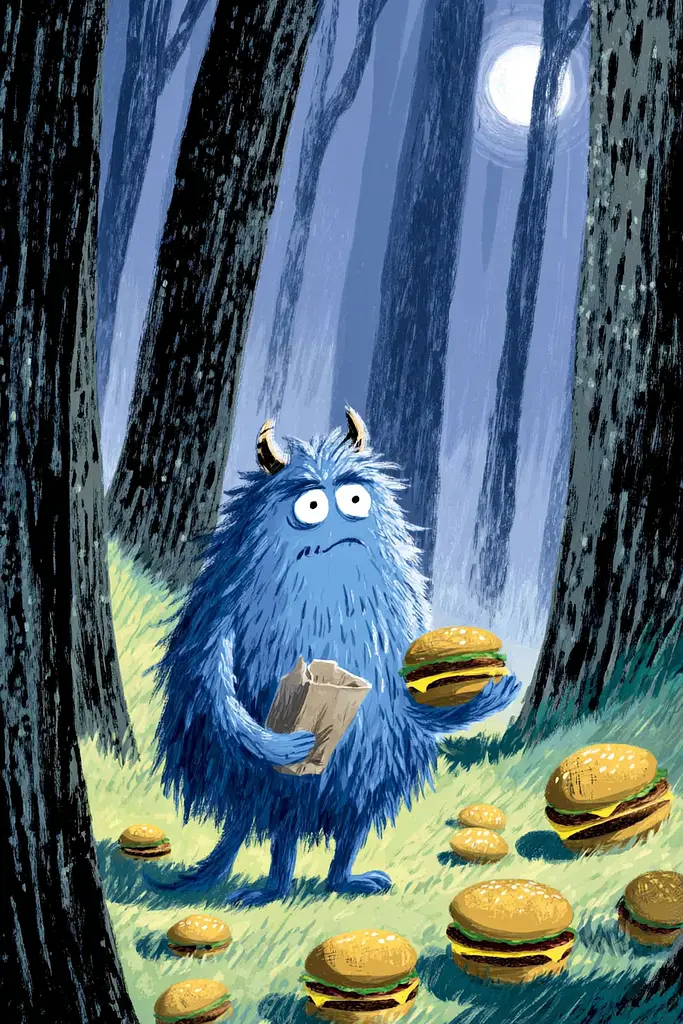 Midjourney generated image using SREF code Quirksprawl: A blue monster holding a paper bag in a forest with hamburgers.