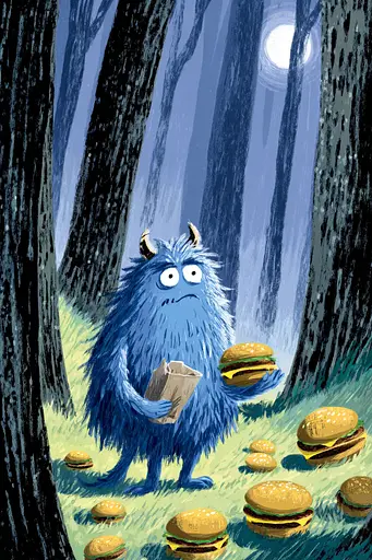 Midjourney generated image using SREF code Quirksprawl: A blue monster holding a paper bag in a forest with hamburgers.