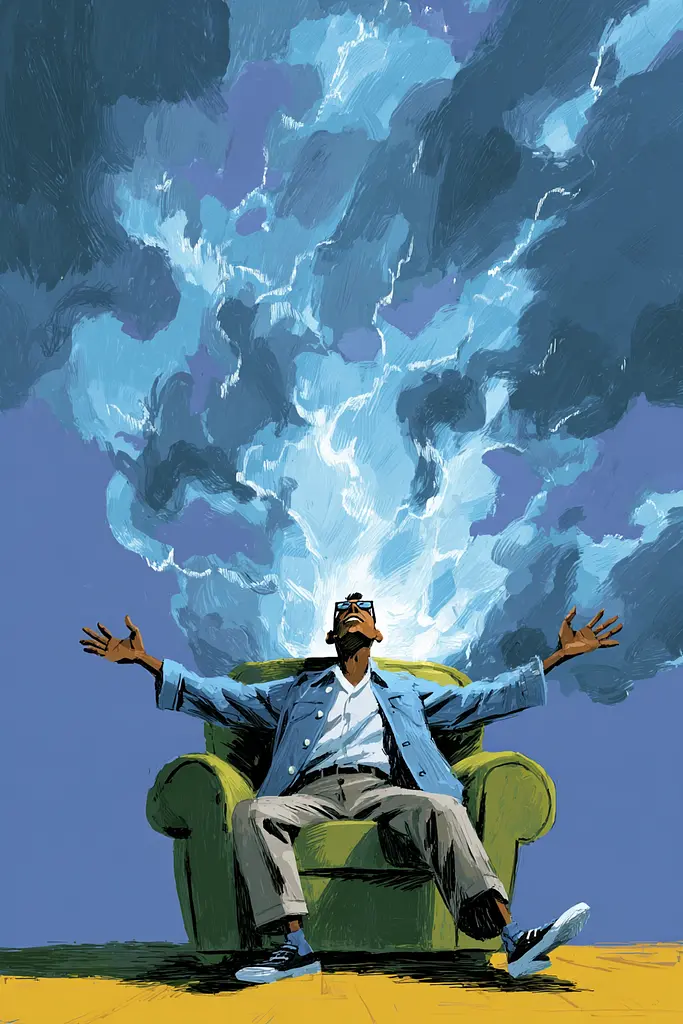 Midjourney generated image using SREF code Quirksprawl: A man sitting on a green chair in front of a stormy sky.