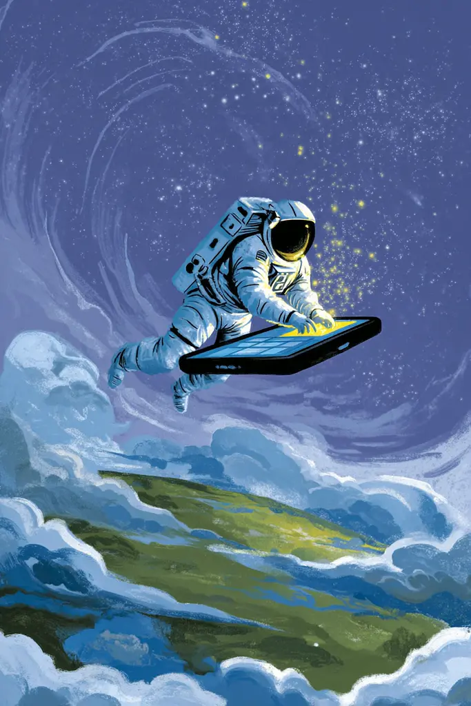 Midjourney generated image using SREF code Quirksprawl: A man in an astronaut suit flying through the air with a surfboard.