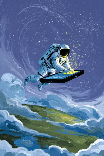 Midjourney generated image using SREF code Quirksprawl: A man in an astronaut suit flying through the air with a surfboard.