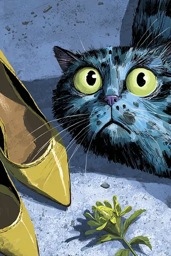 Midjourney generated image using SREF code Quirksprawl: A black cat with green eyes next to a pair of yellow shoes.