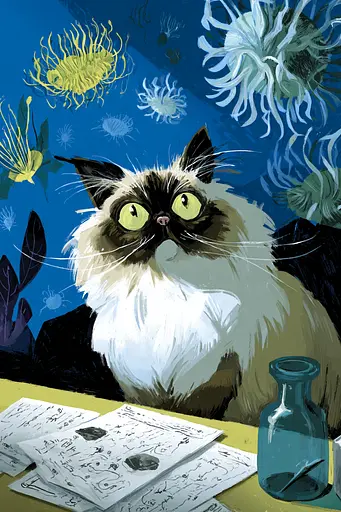 Midjourney generated image using SREF code Quirksprawl: A painting of a cat sitting at a table with papers and a bottle.